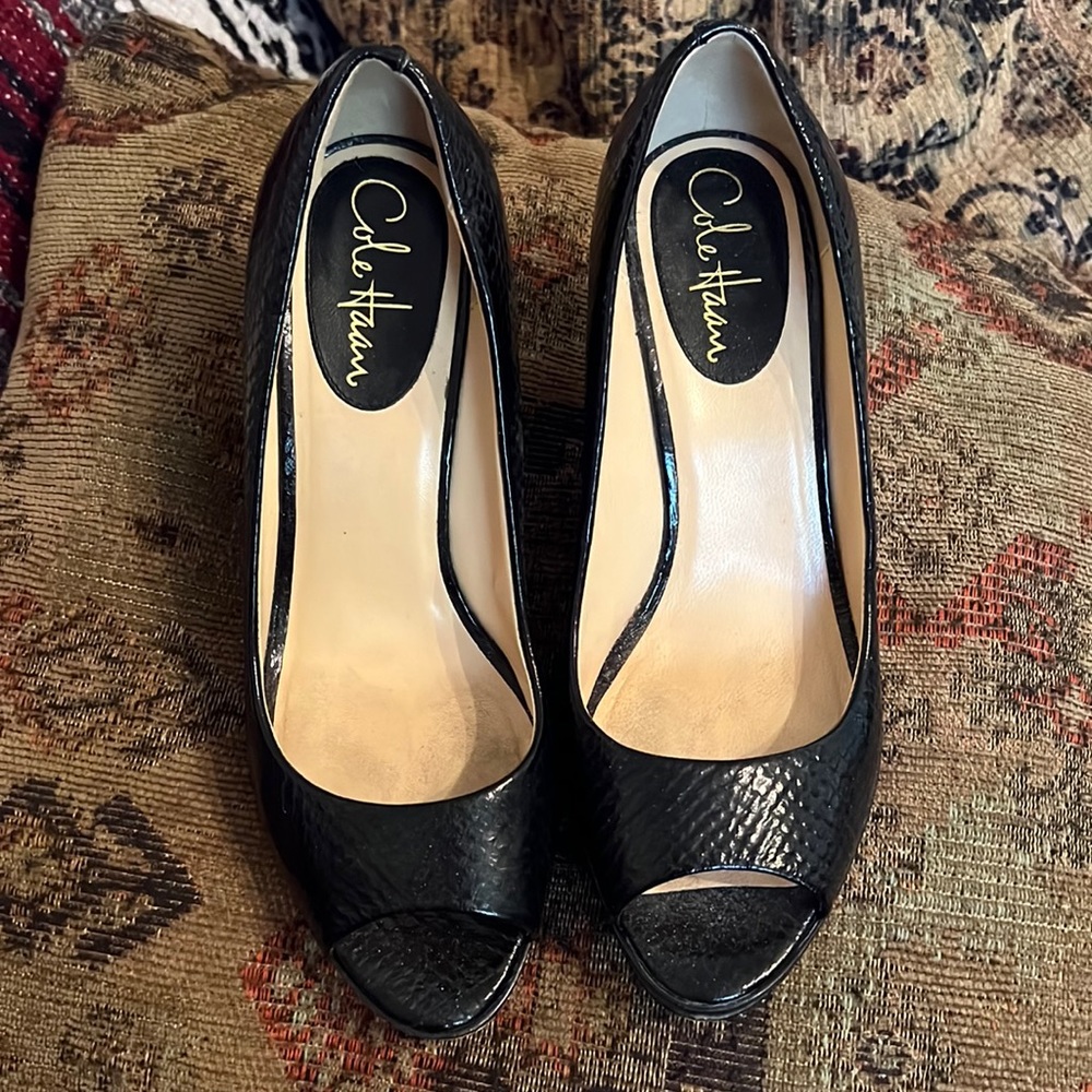 Cole Haan Black Open Toe Wedge Heels Size 7.5